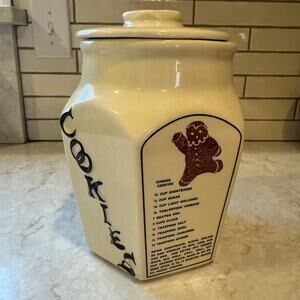 American Bisque Vintage Cookie Jar With Multiple Cookie Recipes Painted On.